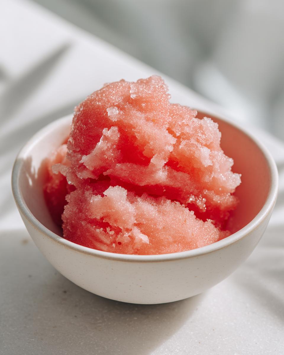 A close-up of a bowl filled with vibrant pink watermelon sorbet, showcasing its icy texture.