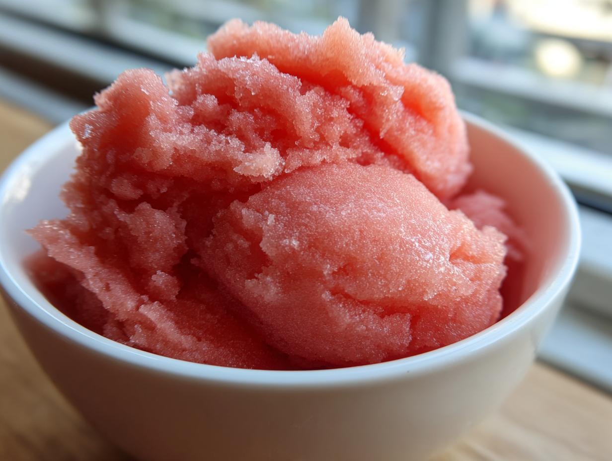 A close-up of a white bowl filled with refreshing watermelon sorbet.