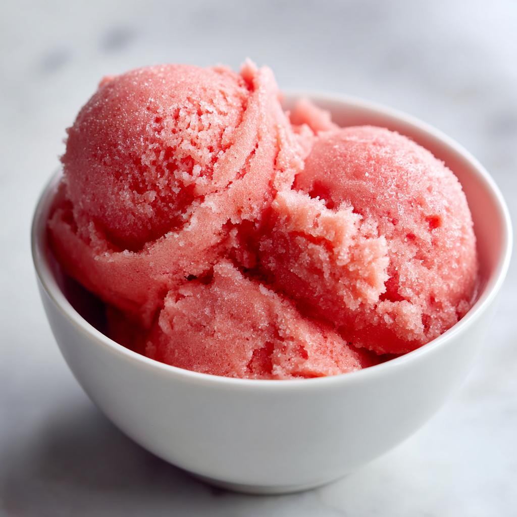 A white bowl filled with scoops of vibrant pink, homemade watermelon sorbet.